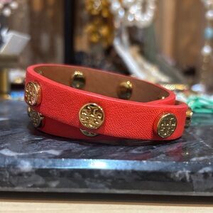 TORY BURCH Red Leather Bracelet with Gold Accents